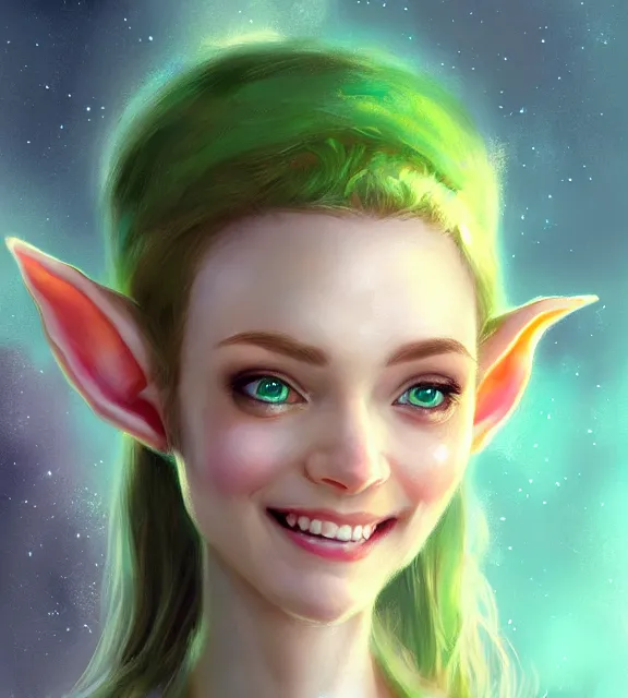 Prompt: cute female elf smiling, perfect face, tiara, pale green halter top, auburn hair, abs, cinematic, blush, stunning, elegant, highly detailed, psychedelic, digital painting, artstation, smooth, hard focus, illustration, art by jessica rossier and and brian froud