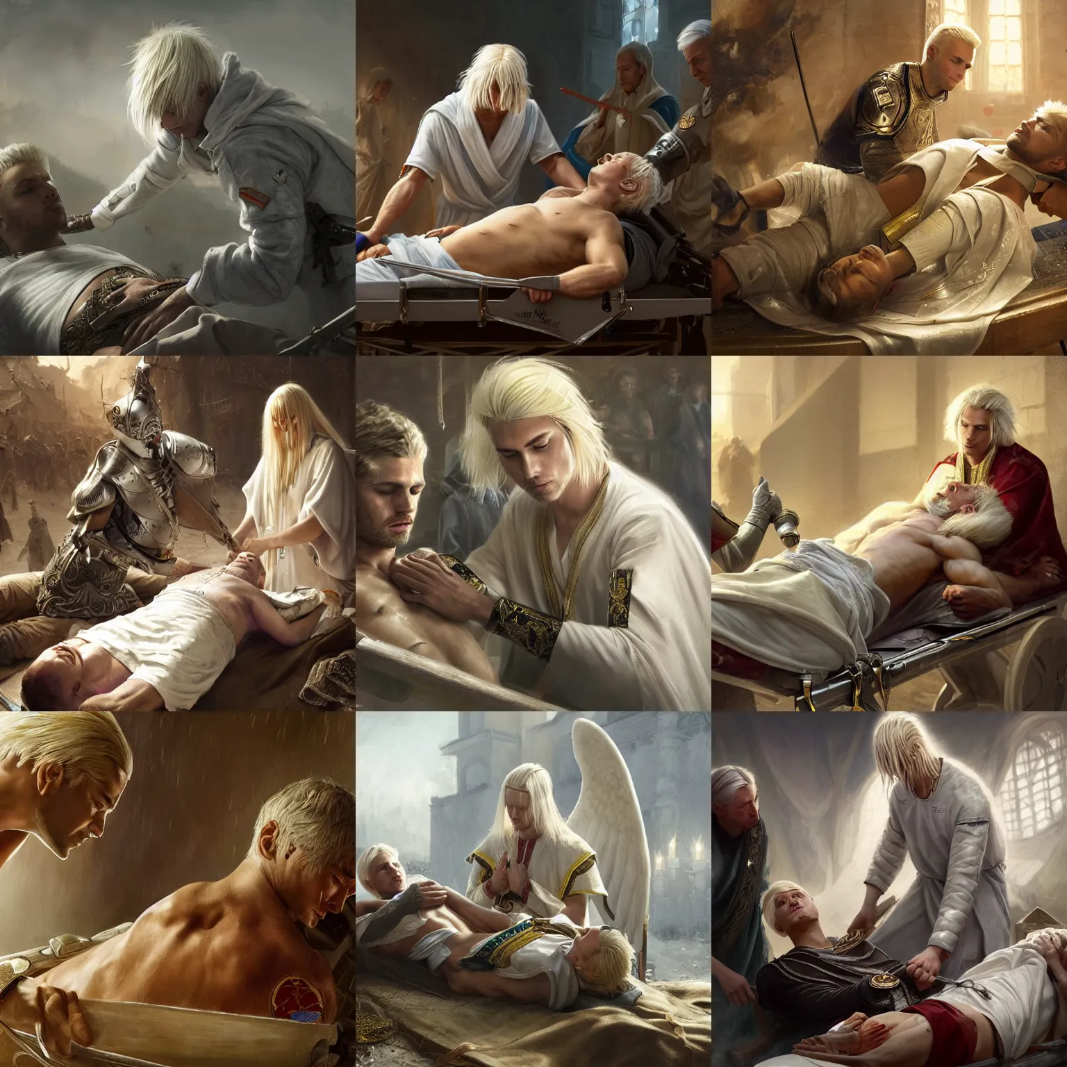Prompt: extreme closeup portrait of an aasimar man with platinum blonde hair wearing white and gold vestments under armor healing a wounded soldier on a stretcher with holy magic in war camp, detailed, realistic, Greg Rutkowski, 4k, pensive