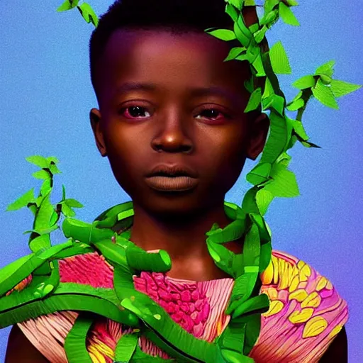 Image similar to colourful vfx art - portrait of nigerian boy wrapped in flowers & vines, art by utagawa kunisada & james jean, volumetric light, ray tracing, unreal engine, octane render, sharp, detailed, digital painting, illustration, highly detailed, intricate detail, pinterest, behance, art station,
