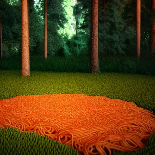 Prompt: a forest made of pasta, in the foreground a lake made of milk and ketchup, sharp focus, octane render, unreal engine 5, 4 k