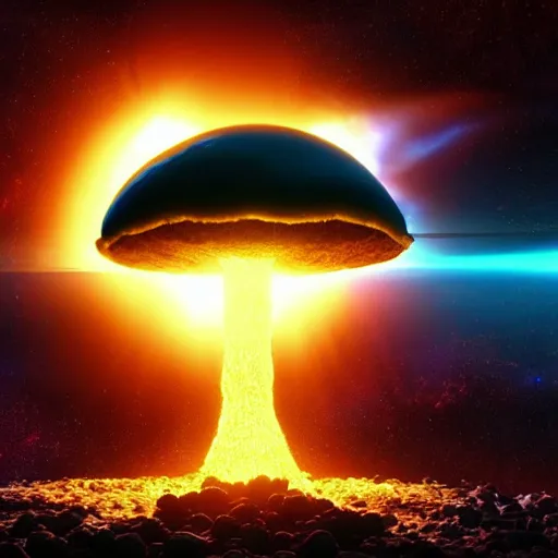 Image similar to a nuclear blast mushroom cloud on earth shattering doomsday seen from outer space comicbook style volumetric lighting birdeye view realistic 3d rendering octane render