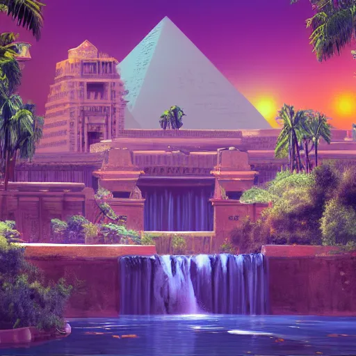 Image similar to a old big egyptian palace with plants and waterfalls, retrowave art,digital art,trending on art station