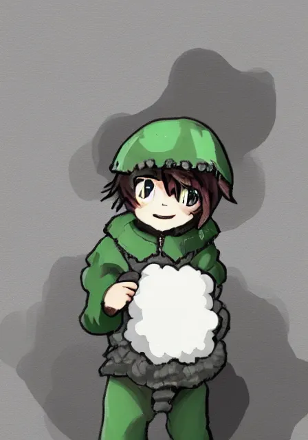 Prompt: little boy wearing sheep suit using a smartphone, gray, blue, green and brown pallet color. made in abyss art style, inspired in kris from deltarrune, cute detailed artwork, anatomically correct, clean details