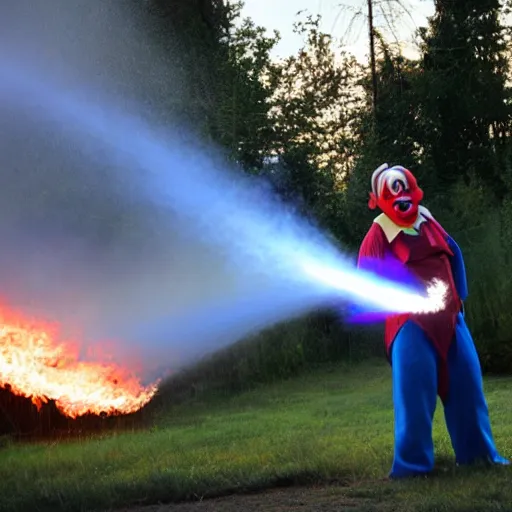 Image similar to photo of a clown using a flamethrower projecting a long flame