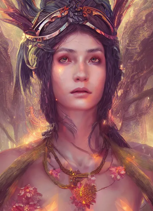 Image similar to Beautiful art portrait of a female fantasy godess warrior in a bright temple surrounded by lush forest, atmospheric lighting, intricate detail, cgsociety, hyperrealistic, octane render, RPG portrait, ambient light, dynamic lighting