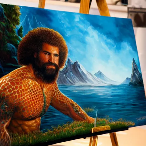 Image similar to a closeup photorealistic photograph of bob ross working on a canvas painting of aquaman. film still. brightly lit scene. mountains and trees. this 4 k hd image is trending on artstation, featured on behance, well - rendered, extra crisp, features intricate detail, epic composition and the style of unreal engine.