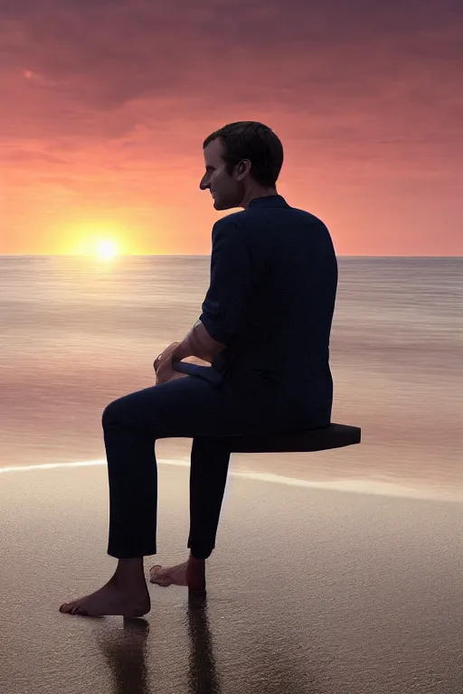 Image similar to Emmanuel Macron sitting on the beach looking to the sea at sunrise, concept art, octane render, unreal engine 5, trending on Artstation, high quality, highly detailed, 8K, soft lighting, godrays, path tracing, serene landscape, turbulent sea, high coherence, anatomically correct, hyperrealistic, sand, beautiful landscape, cinematic, rain in the sky