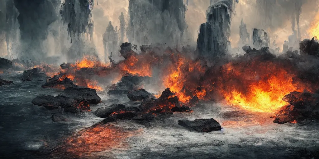 Image similar to big crumbling pillars over raging turbulent waters, conflagration in the background a lot of fire, hyper realistic, highly detailed, digital art, apocalyptic, intimidating lighting, raytracing, sharp focus, smooth, romanticism