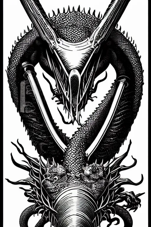 Image similar to hyper realistic dragon with steam punk breathing apparatus, white background, full frame, art by james o barr and albrecht durer, surreal woodblock print, black and white, vector, vector art