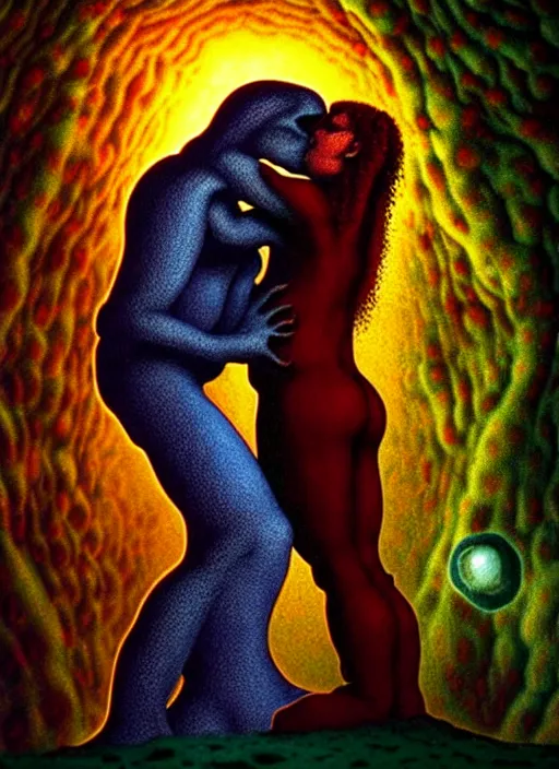 Prompt: detailed image of a creepy passionate kissing, love, romantism, deep cave in the deep space by richard corben, rich deep colors. masterpiece . intricate artwork, very coherent symmetrical artwork, cinematic, hyper realism, high detail, octane render, unreal engine, 8k, Vibrant colors, Smooth gradients, High contrast, depth of field. by Katsuhiro Otomo, by Bekzinski, full body character drawing, inspired by Evangeleon, clean ink detailed line drawing, intricate detail, extremely detailed.