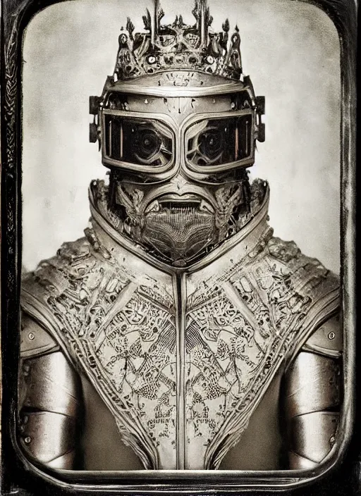 Image similar to old wetplate daguerreotype frame portrait of a futuristic silver armored king arthur with white hair and beard emperor district 9 cyborg, fractal, intricate, elegant, highly detailed, subsurface scattering, by jheronimus bosch and greg rutkowski and louis jacques mande daguerre