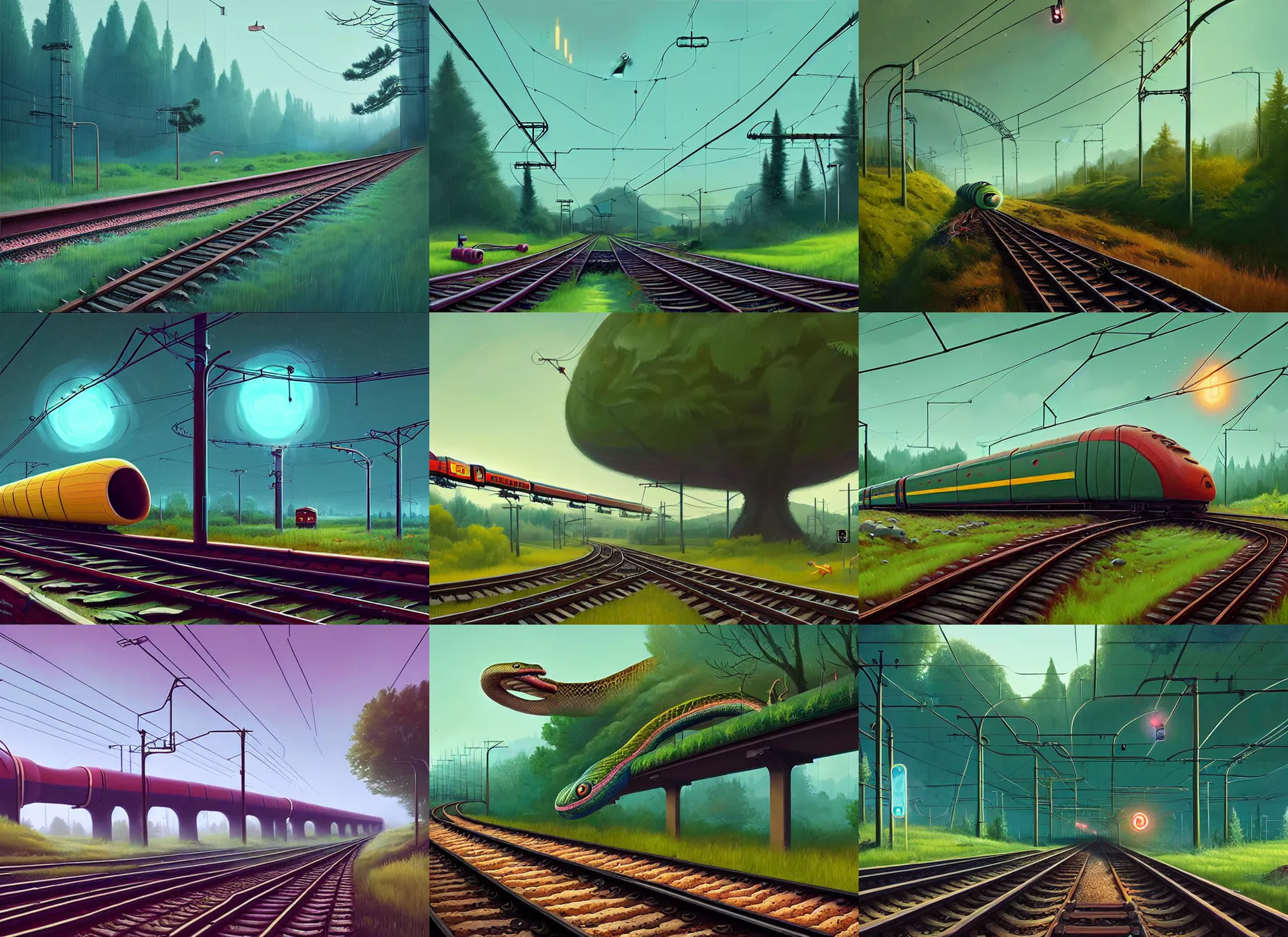 Prompt: a giant snake speeding along a railway track. photorealistic fantasy art by Simon Stålenhag