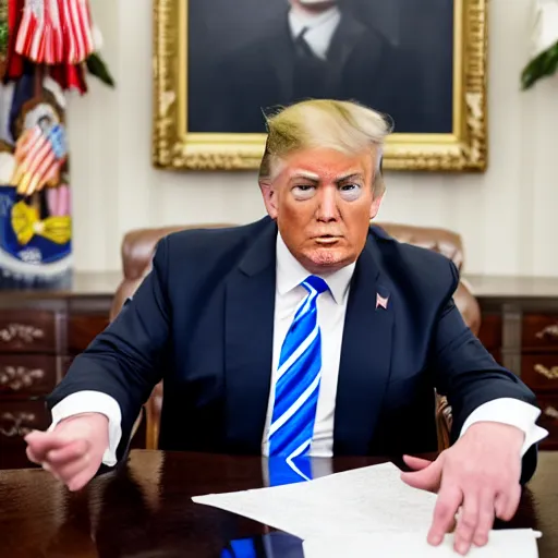 Prompt: candid portrait photo of president trump at his desk eating papers with his bare hands, detailed portrait, 4 k, megapixel, sony a 7 s, f / 8, 2 4 mm lens