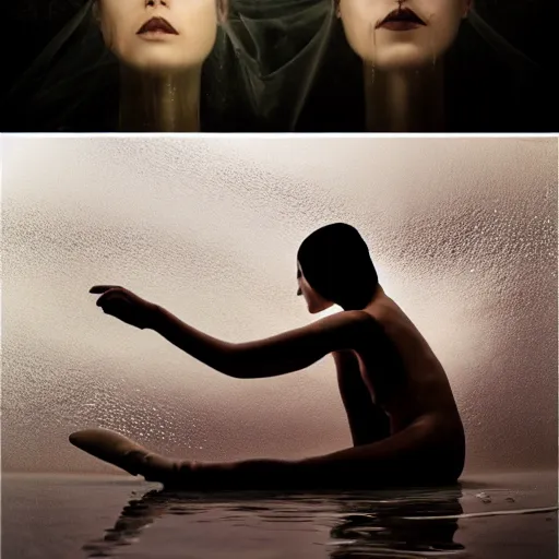 Prompt: two abstract beautiful female body silhouettes, beautiful acrylic fluid portrait, photography by amy leibowitz, renaissance painting, black latex female balaclava, female calendar, ballerina body covered with black water, underwater, old victorian room with glowing globes, close up portrait, cinematic still, film still, magic hour, dark shadows, fashion portrait, cold colors, long exposure,