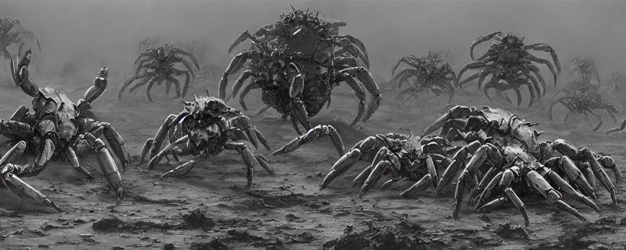 Image similar to a herd of giant crabs running abound on barren desert exoplanet by James Gurney, Beksinski and Alex Gray, every crab is a menacing warhammer 40k chaotic xenos, diabolic wh40k crab xenos scourge running abound