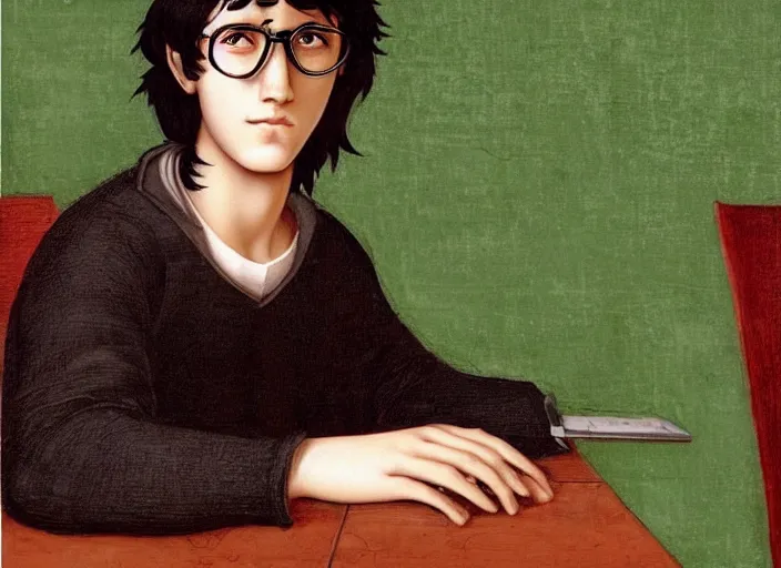 Prompt: painting of a shaggy black haired teenager!!! with glasses sitting on a chair, clothed with an olive! colored sweater and a black jean, with a laptop on his lap, full body!, renaissance!!! painting!!!, art by Michelangelo, smooth shading, ultra detailed, high resolution, masterpiece