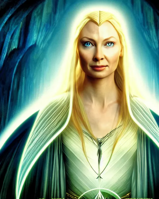 Image similar to Galadriel from Lord of the rings, Cover art by Stephen Bliss, boxart, loading screen, 8K resolution