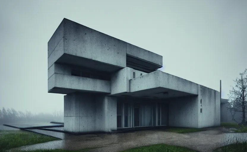 Prompt: a wide angle exterior shot of a brutalist architecture house with rainy and moody cinematic lighting by darek zabrocki and greg ruthkowski, alphonse mucha, simon stalenhag and cinematic and blue cold atmospheric, architectural visualization, archiviz, archdaily, deezen, design milk, archillect concept art, artstation, trending on artstation