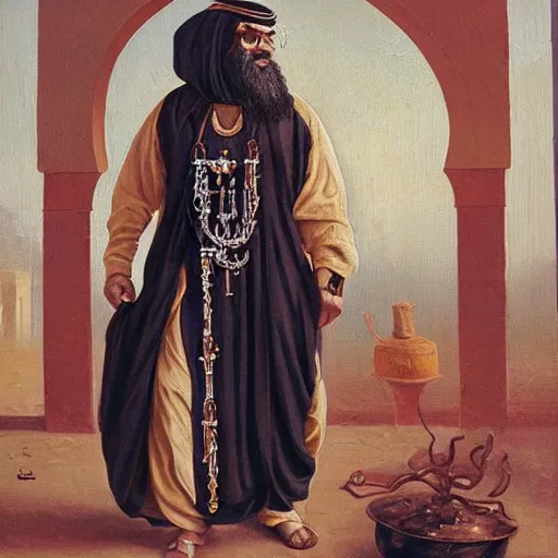 Image similar to a cyborg dressed in arab clothes, has a long beard, holds a rosary, and wears an arab abaya, oil painting