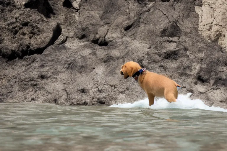 Prompt: a puppy is looking directly at the wavy water current below it while it stands at an edge of a cliff