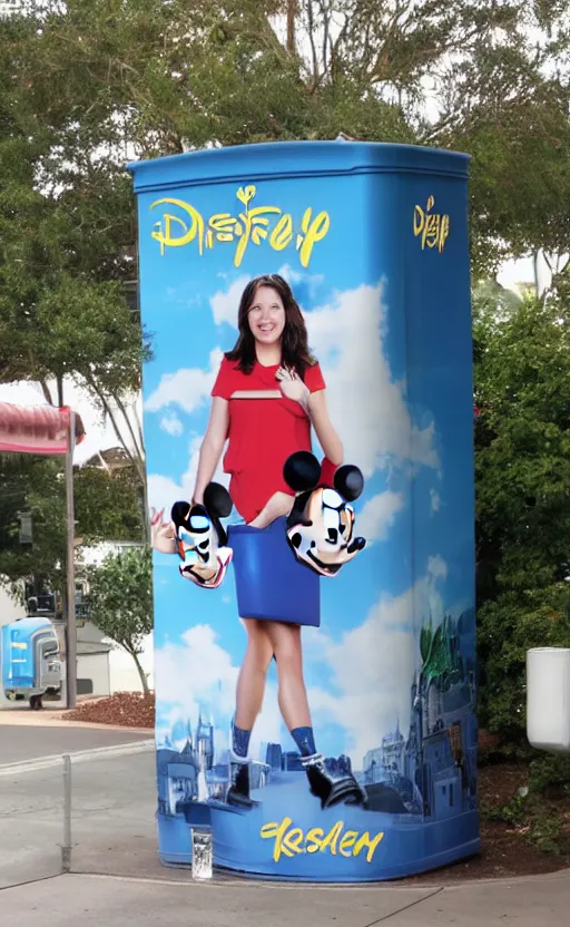 Prompt: Karen on a billboard advertising Disney trash cans