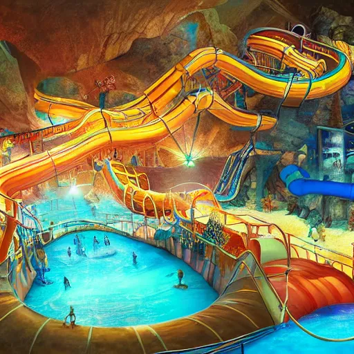 Image similar to cavernous underground waterpark with water slides, digital art, epic composition, highly detailed, cinematic lighting