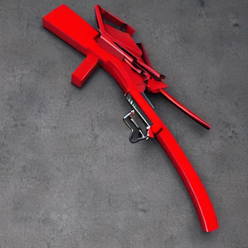 Prompt: A red futuristic scythe that is also a gun