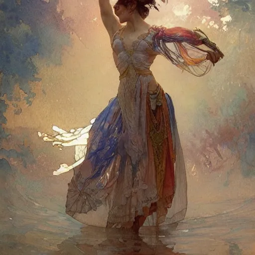 Image similar to a beautifull intricate watercolour painting of a dancing balerinas in ateliere, reflexions, verry high details by william turner art, greg rutkowski and alphonse mucha, trending on artstation, very very detailed, masterpiece,