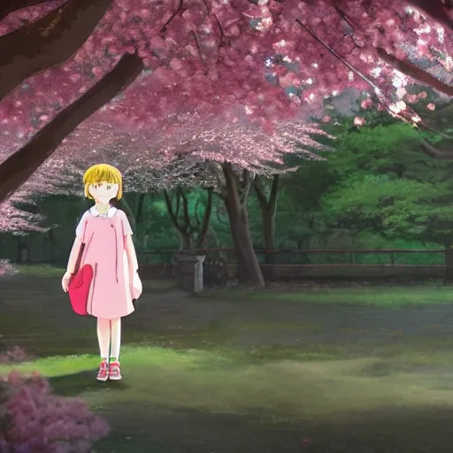 Prompt: girl under a cherry blossom tree in the style of studio ghibli. hyperdetailed photorealism, 1 0 8 megapixels, cinematic lighting