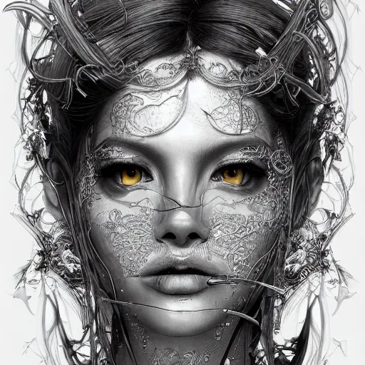 Image similar to the portrait of an absurdly beautiful, graceful, elegant, sophisticated, fashionable cyberpunk gravure idol, an ultrafine hyperdetailed illustration by kim jung gi, irakli nadar, vania zouravliov, intricate linework, bright colors, porcelain skin, unreal engine 5 highly rendered, global illumination, radiant light, detailed and intricate environment