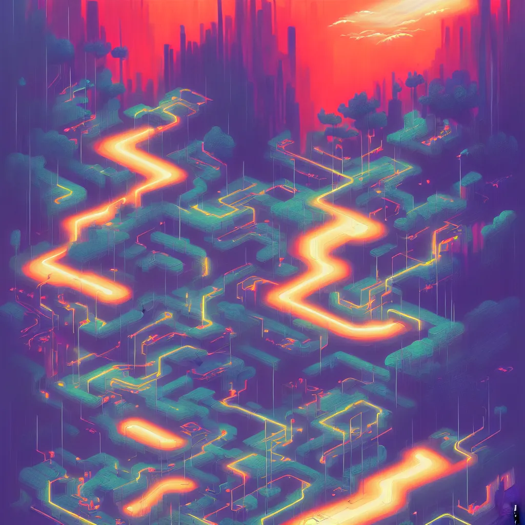 Image similar to illustration of a data-center architecture schema, connector, firewall, cloud, security, river, trees, thunderstorm, trending on Artstation, painting by Jules Julien, Leslie David and Lisa Frank and Peter Mohrbacher and Alena Aenami and Dave LaChapelle muted colors with minimalism