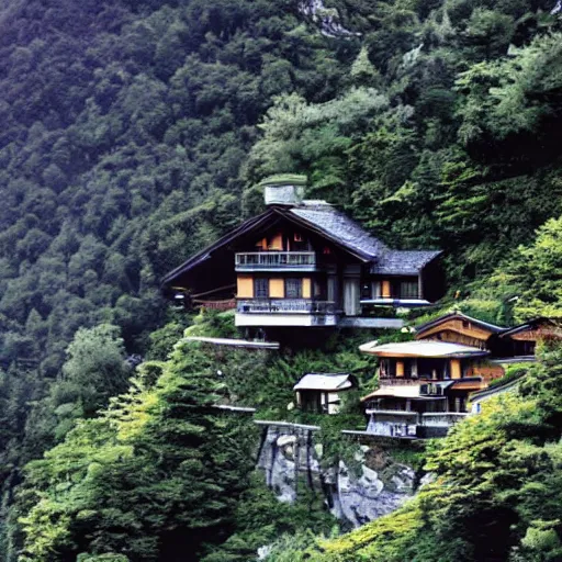 Image similar to a beautiful alpine lodge sitting precariously atop the side of a jutting cliffside, painted by yoshitaka amano