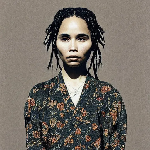 Image similar to “ zoe kravitz portrait by ikenaga yasunari and ayana otake and ko rakusui, drawing, realistic, sharp focus, japanese, dreamy, nostalgia, faded, golden hues, floral clothes ”