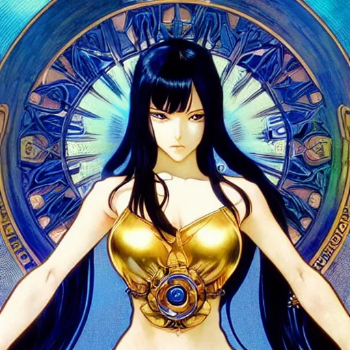 Image similar to highly detailed vfx portrait of nico robin by eiichiro oda!, alphonse mucha, sharp focus, art by artgerm and greg rutkowski!, harsh overhead sunlight, blue eyes!!, large aquiline nose!!, stanley kybric, kaoru mori, intricately detailed, best of behance,