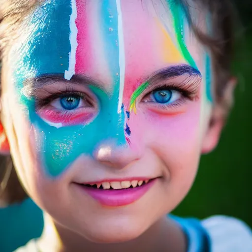 Prompt: a portrait of a girl who has face - painting like a abstract object smiling creepily. depth of field. lens flare