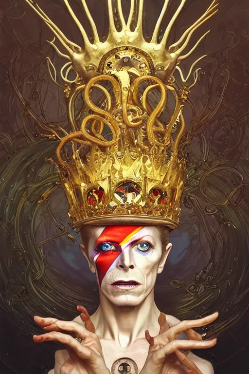 Image similar to David Bowie , a golden crown floating above his head, tentacles coming out the ground art by Artgerm and Greg Rutkowski and Alphonse Mucha and Craig Mullins and James Jean and Andrei Riabovitchev and Marc Simonetti and peter mohrbacher, sharp focus, ominous, cosmic horror, trending on artstation, Ultra detailed, hyper realistic 4k