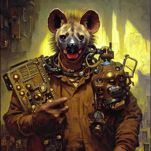 Prompt: portrait of a hyena gnoll doctor scientist. shadowrun furaffiniy cyberpunk fantasy highly detailed painting by gaston bussiere craig mullins jc leyendecker gustav klimt artgerm greg rutkowski john berkey, bergey, craig mullins, ruan jia, raymond swanland, jeremy mann, tom lovell, alex malveda