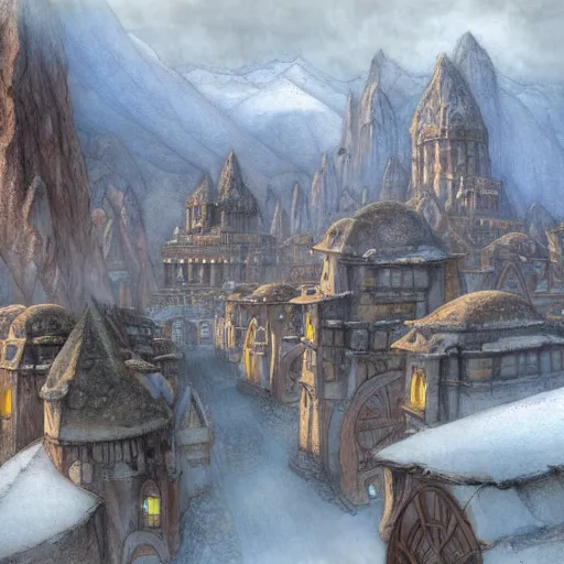 Image similar to a dwarven city in the mountains, by john howe