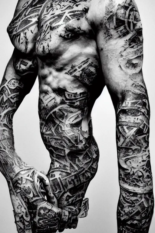 Prompt: centred completely front portrait of a muscular torso covered in runic tattoos front view, art by Ruan Jia , Moebious, Craig Mullin, and Nick Knight