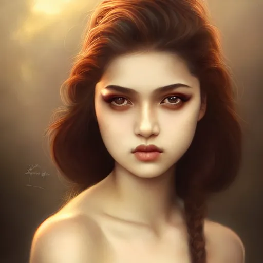 Prompt: stunning beauty attractive assamese young teen girl ; portrait by artgerm and tom bagshaw ; trending on artstation ; award winning, sultry seductive pinup pose ; cinematic natural dramatic lighting, studio photography by annie leibovitz