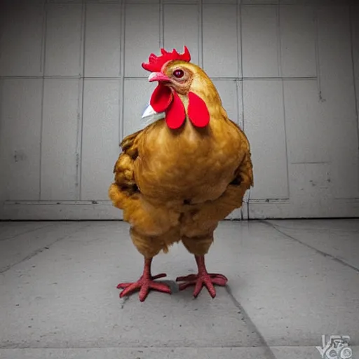 Image similar to chicken dressed as an inmate, real photography, police statiom