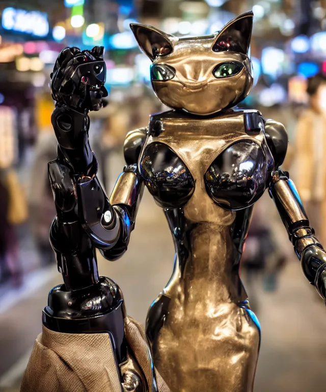 Image similar to high quality presentation photo of an evil robot anthropomorphic catwoman shopping in japan, photography 4k f1.8 anamorphic bokeh 4k Canon Nikon