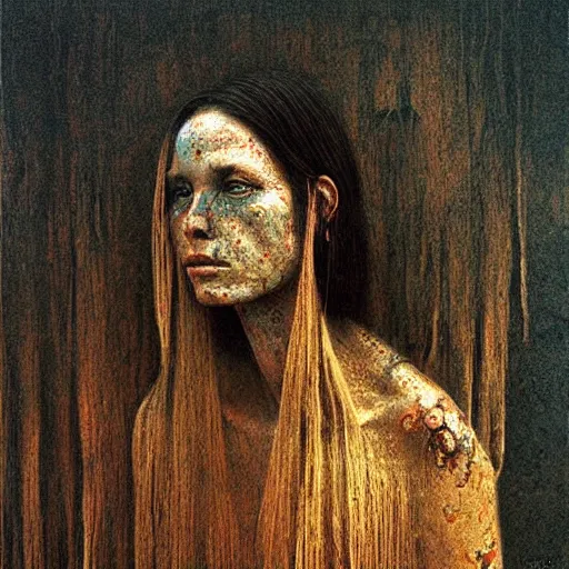 Prompt: portrait of 2900 years old girl, painting by Beksinski