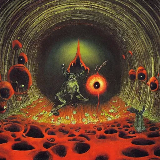 Prompt: pepe the frog being forced into a portal from hell, floating dark energy surrounds them. there is one cow in the corner of the room, surrounded by a background of dark cyber mystic alchemical transmutation heavenless realm. highly detailed, vivid color, beksinski painting, part by adrian ghenie and gerhard richter. art by takato yamamoto. masterpiece