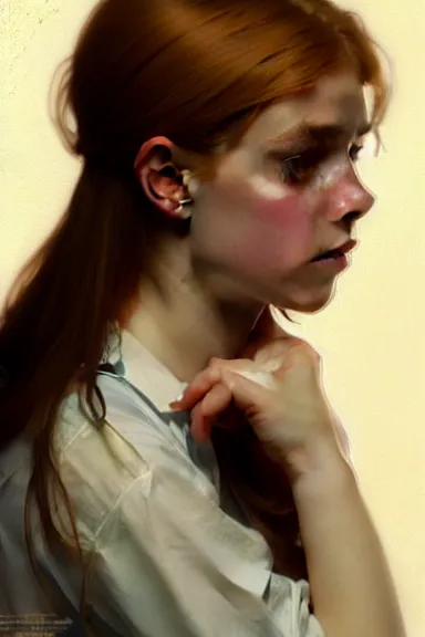 Image similar to portrait of a scottish teenage girl with dirty blonde hair, glowing skin, intelligent face, school uniform, intricate, elegant, dress shirt, highly detailed, digital painting, artstation, concept art, smooth, sharp focus, illustration, art by Krenz Cushart and Artem Demura and alphonse mucha