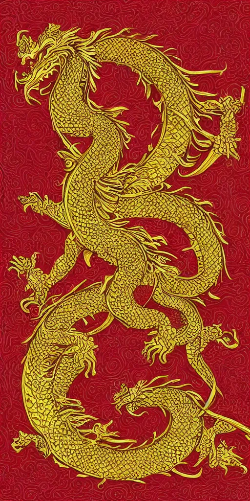 Image similar to golden paper + an intricate dragon depiction + symmetry + elaborate red illustration