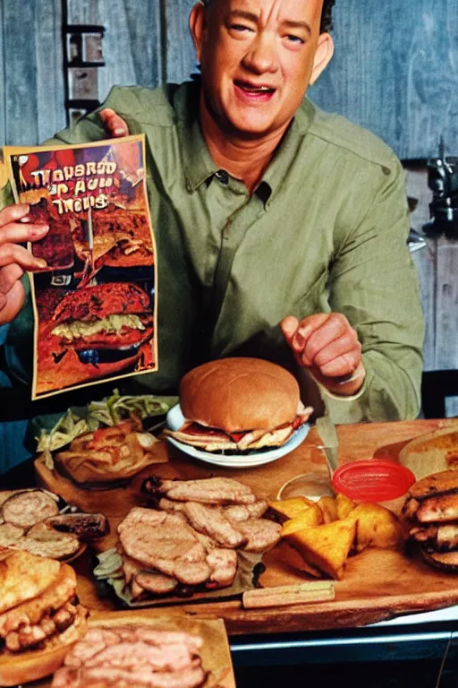 Image similar to tom hanks grilling burgers tarot card, turbografx