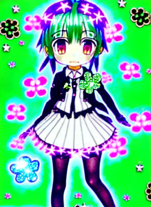 Image similar to a hologram of moe styled green haired yotsuba koiwai crossed fingers, wearing a gothic lolita decora spiked jacket, background full of lucky clovers and shinning stars, holography, irridescent