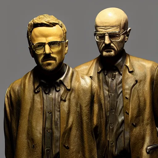 Prompt: jesse pinkman and walter white has been transformed into inanimate bronze statues, in a museum