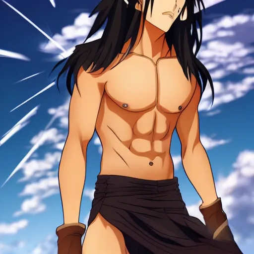 Image similar to A man with tan skin, brown eyes, and hip-length, shiny, black hair, anime, manga